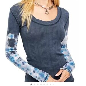 We The Free Tie Dye Long Sleeve Thermal Top Blue Grey Size Medium
